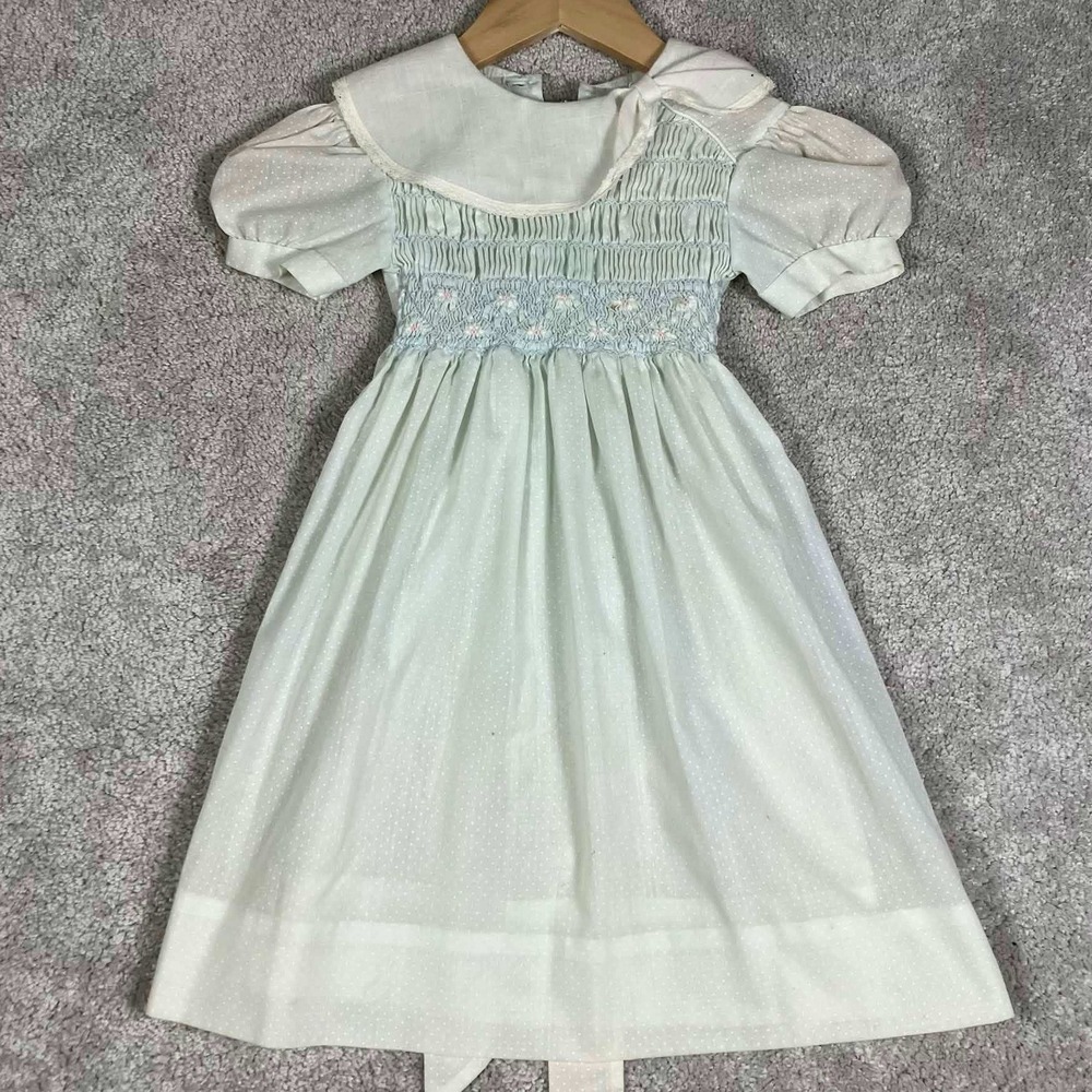 Vintage Polly Flinders Dress Kids 6X Mint Green Smocked Polka Dot Embroidered